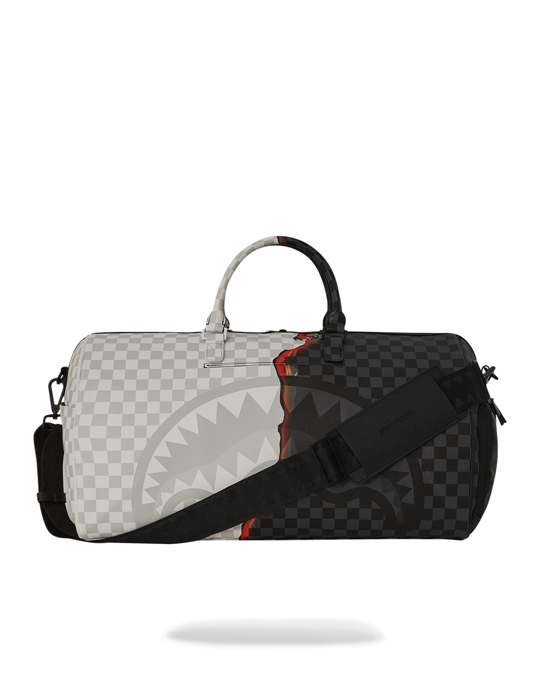 Front view of large duffle showing zippered sneaker pocket and gold accents