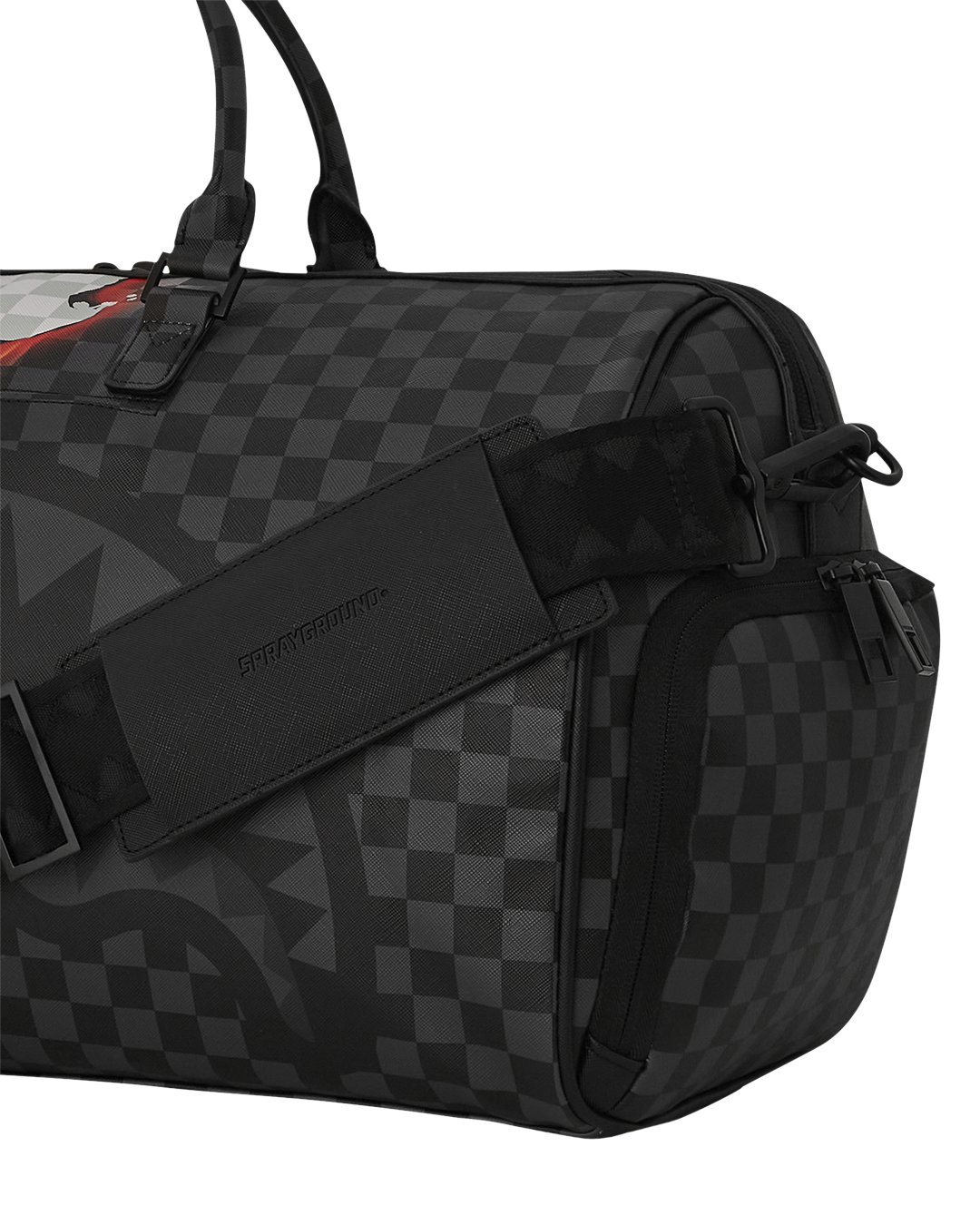 Side angle of wheeled large duffle bag with adjustable straps for easy portability