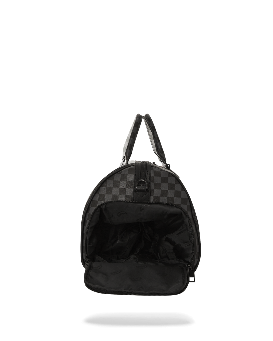 Front view of large duffle showing zippered sneaker pocket and gold accents