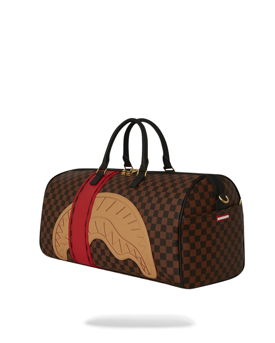 Side profile of large duffle bag on wheels against city backdrop