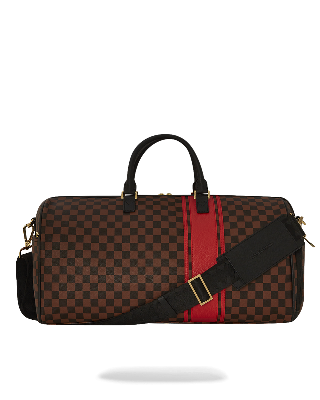 Top-down view of faux leather duffle bag showing zippered sneaker pocket