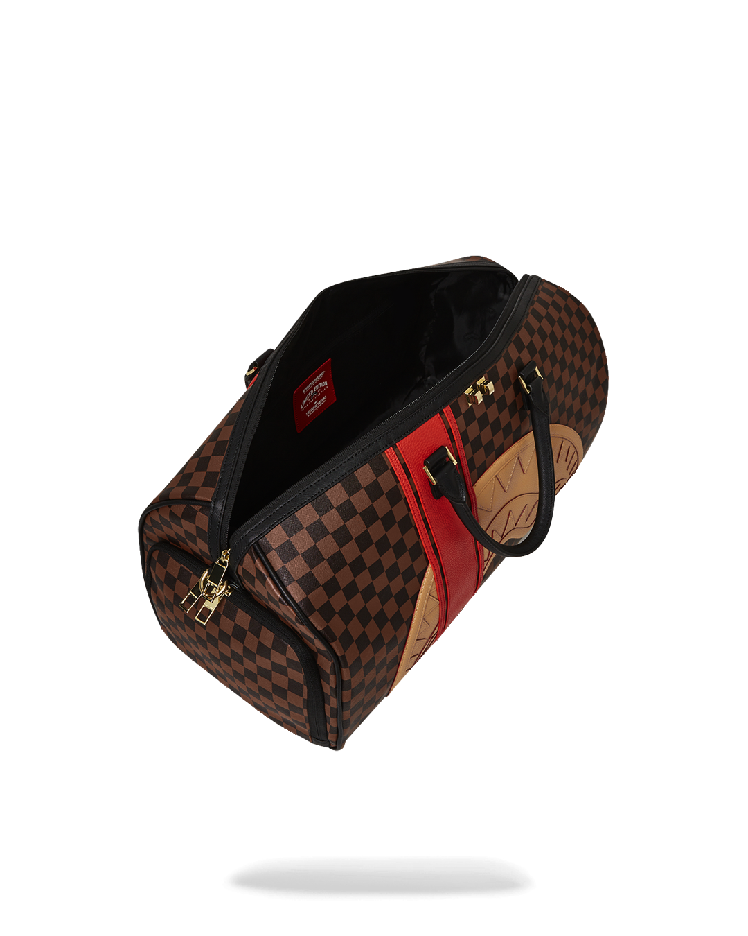 Top-down view of faux leather duffle bag showing zippered sneaker pocket