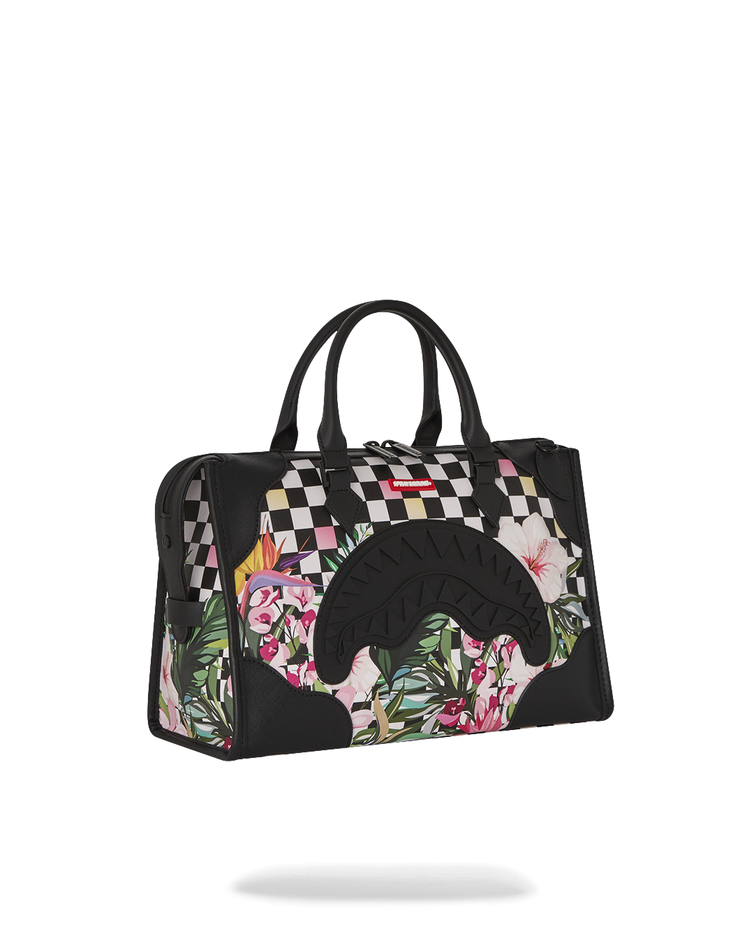 Model carrying faux leather mini duffle bag, ideal for casual outings.