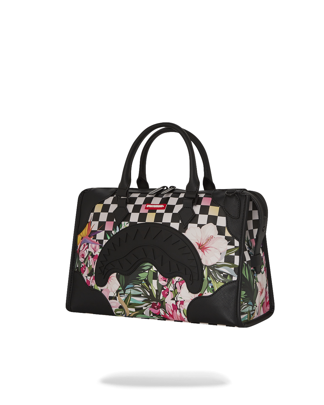 Interior view of faux leather mini duffle bag with zip pocket and compartments.