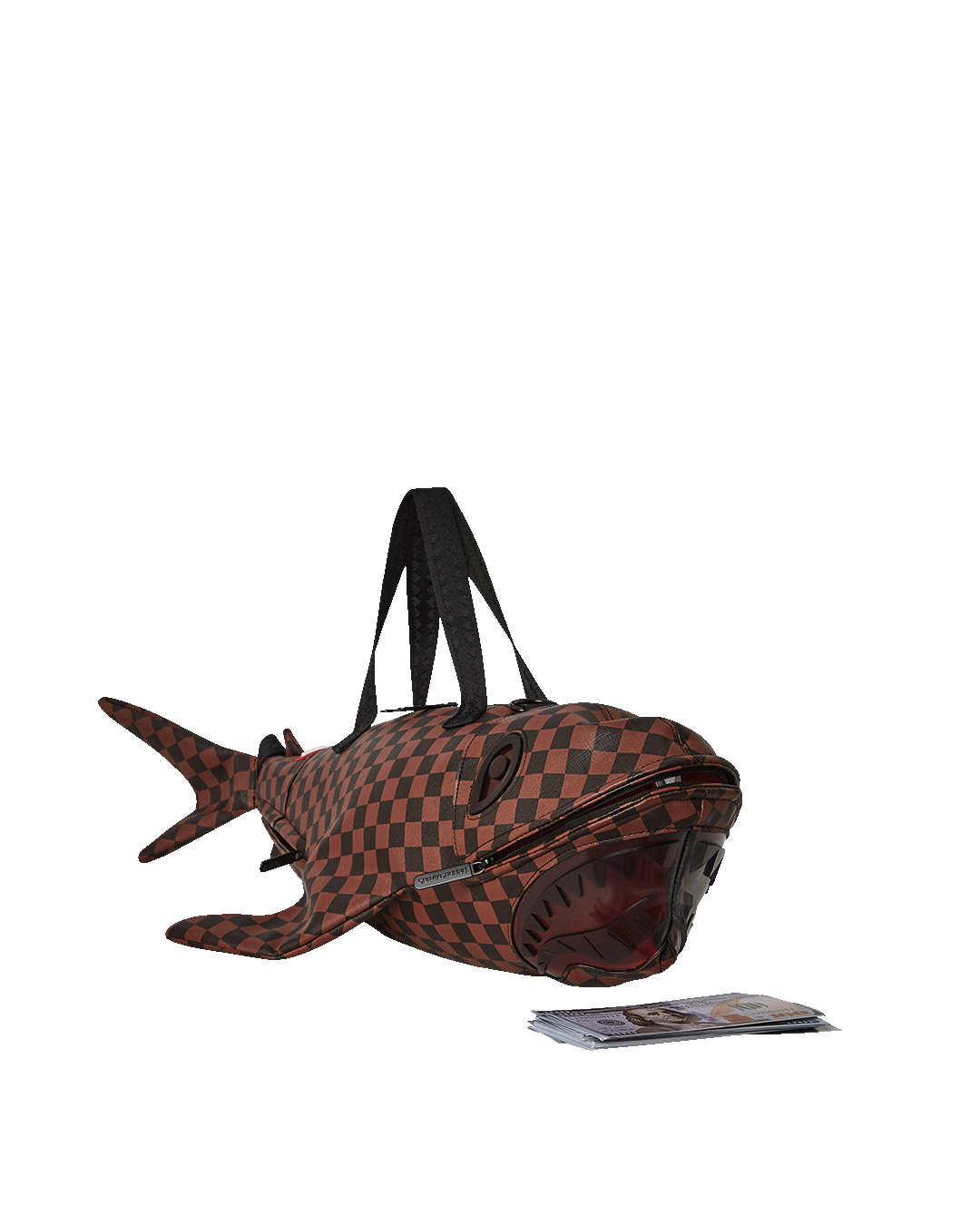 Front view of the Sharks in Paris clear medium duffle bag showing sharkmouth design