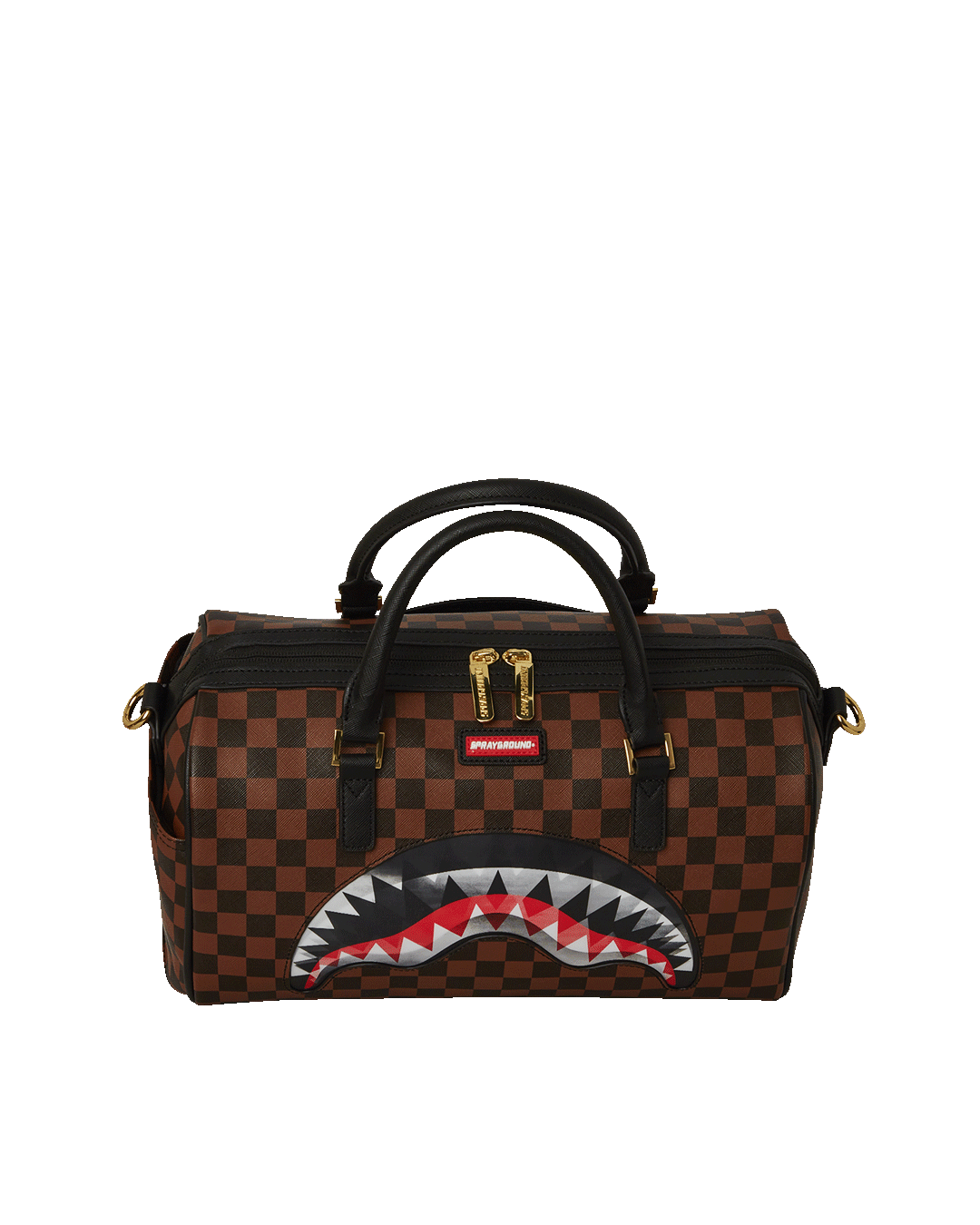 Close-up of Sharkmouth Mini Duffle Bag's lenticular design and gold hardware