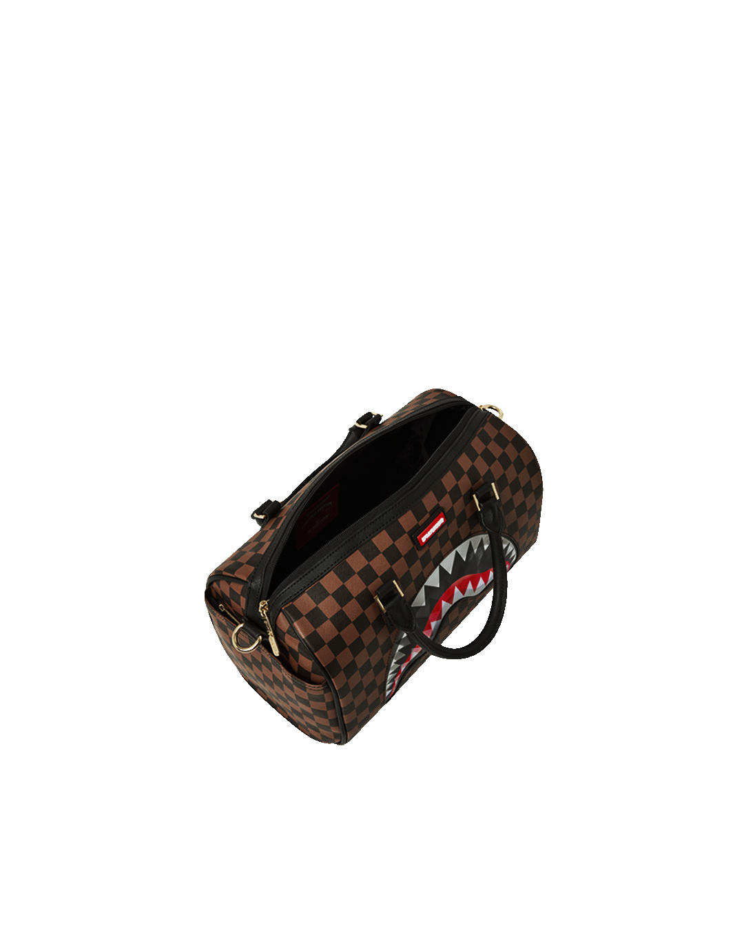 Close-up of Sharkmouth Mini Duffle Bags lenticular design and gold hardware