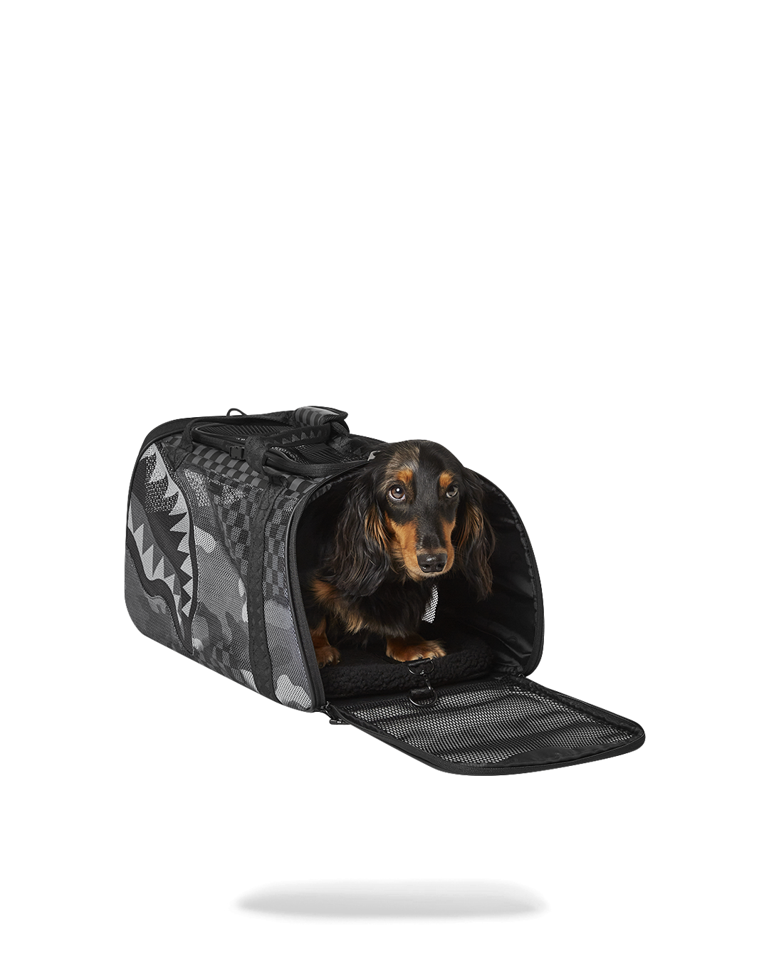 Interior of Riptide dog carrier bag showing removable fleece bed.