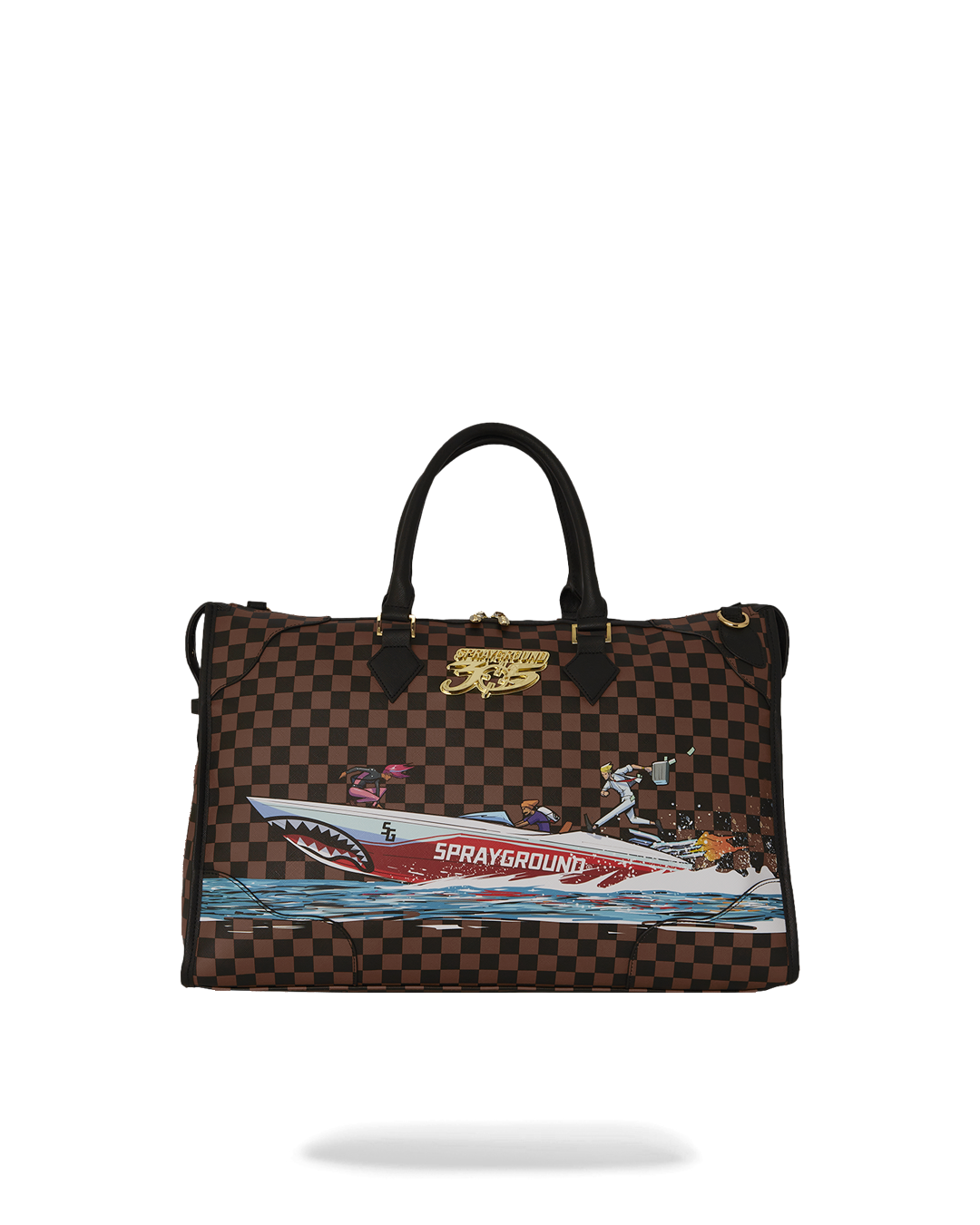 Rolling duffle bag in faux leather, shown on a luggage cart for travel