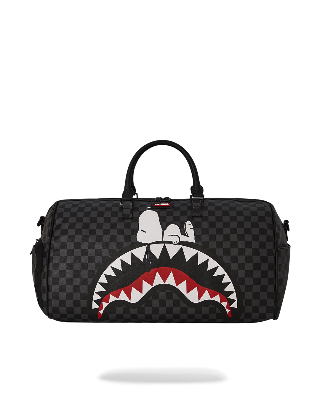 Snoopy faux leather duffle bag showcasing its spacious interior and zippered pockets.