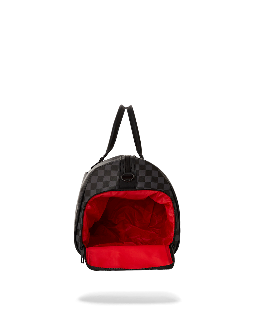 Snoopy faux leather duffle bag showcasing its spacious interior and zippered pockets.
