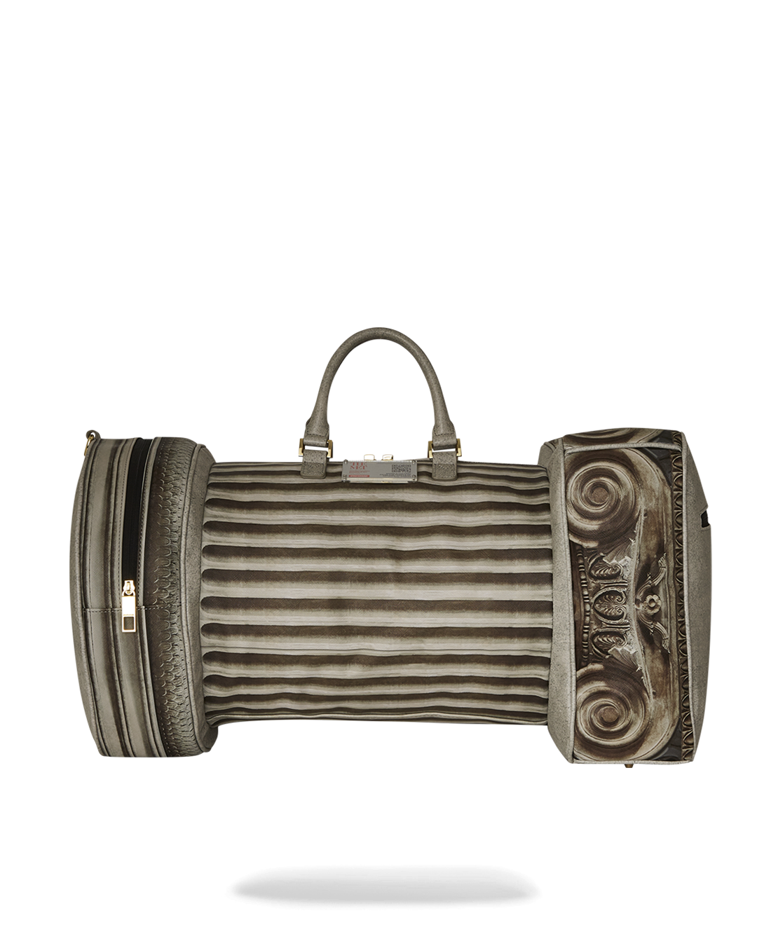 Front view of faux leather duffle with foliate carving details and structured body