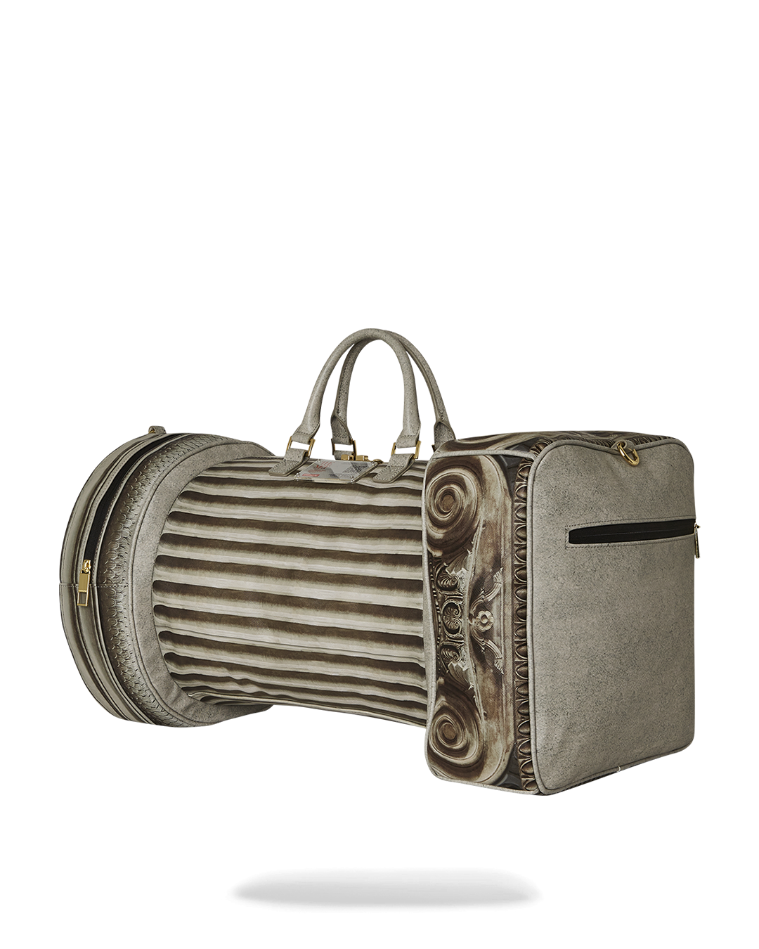 Side view showing the column-inspired pocket and adjustable cross-body strap