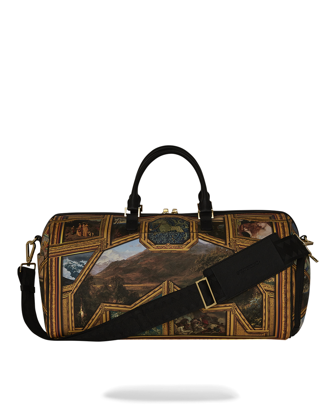 View of the Met Museum Masterpieces rolling duffle bag showcasing art motifs.