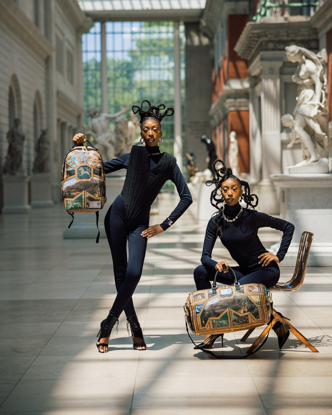 View of the Met Museum Masterpieces rolling duffle bag showcasing art motifs.