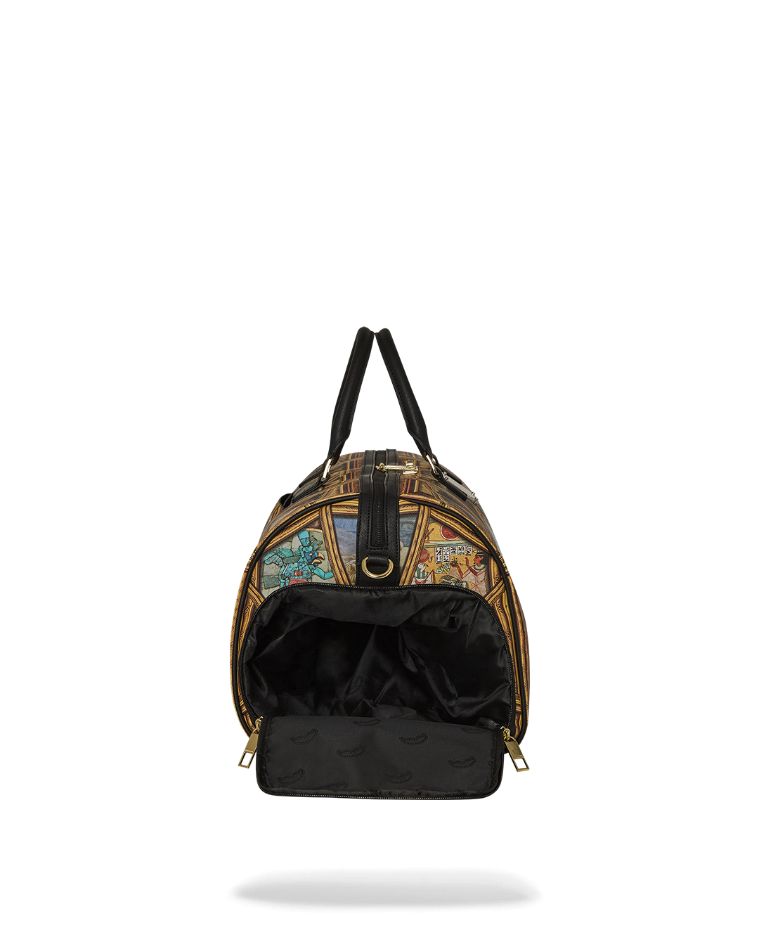 View of the Met Museum Masterpieces rolling duffle bag showcasing art motifs.