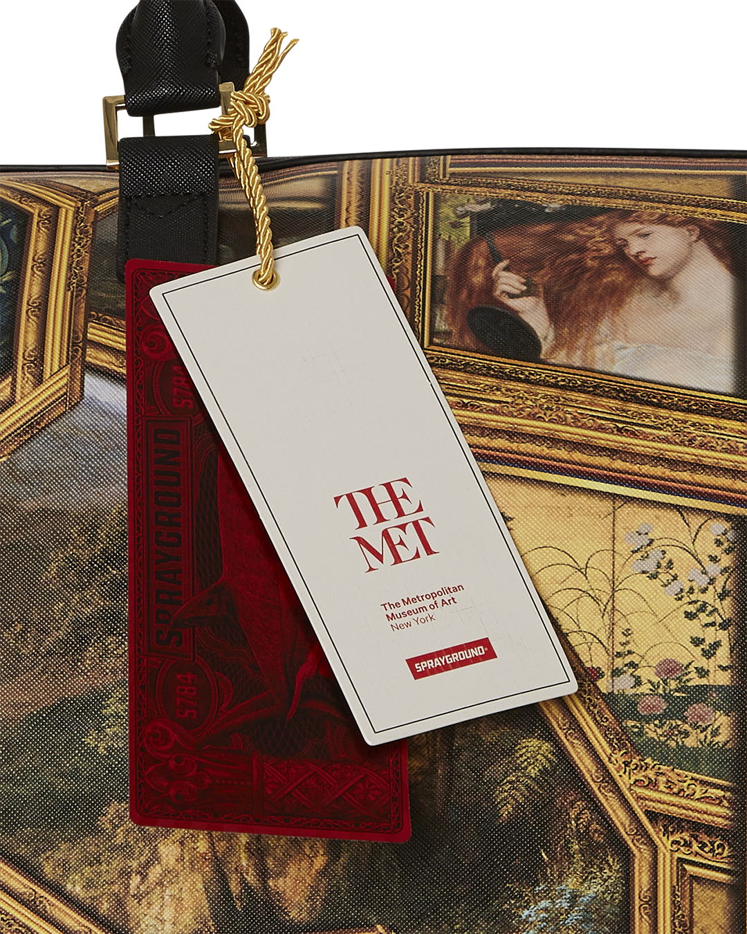 View of the Met Museum Masterpieces rolling duffle bag showcasing art motifs.