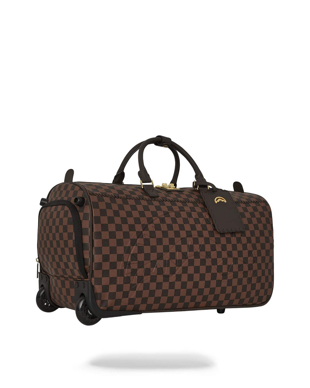 Close-up of the gold zippers and adjustable straps of the rolling duffle.