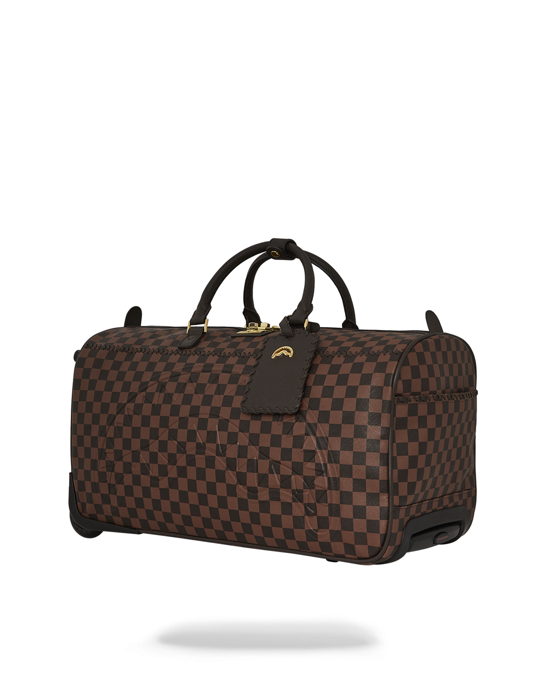Open view showing the spacious interior of the faux leather duffle bag.