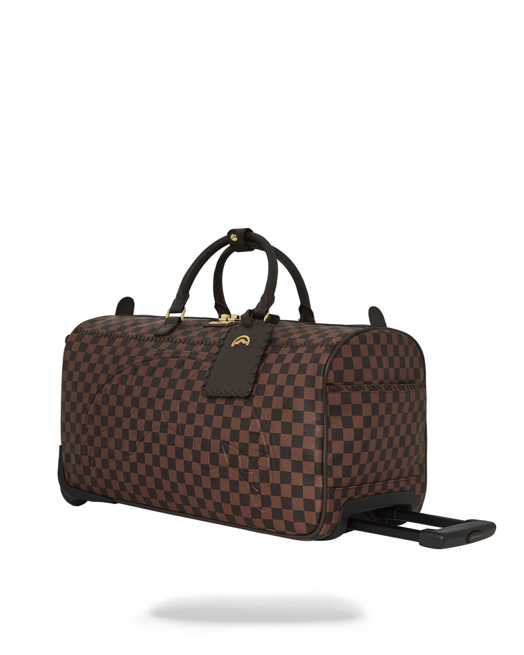 Close-up of the gold zippers and adjustable straps of the rolling duffle.