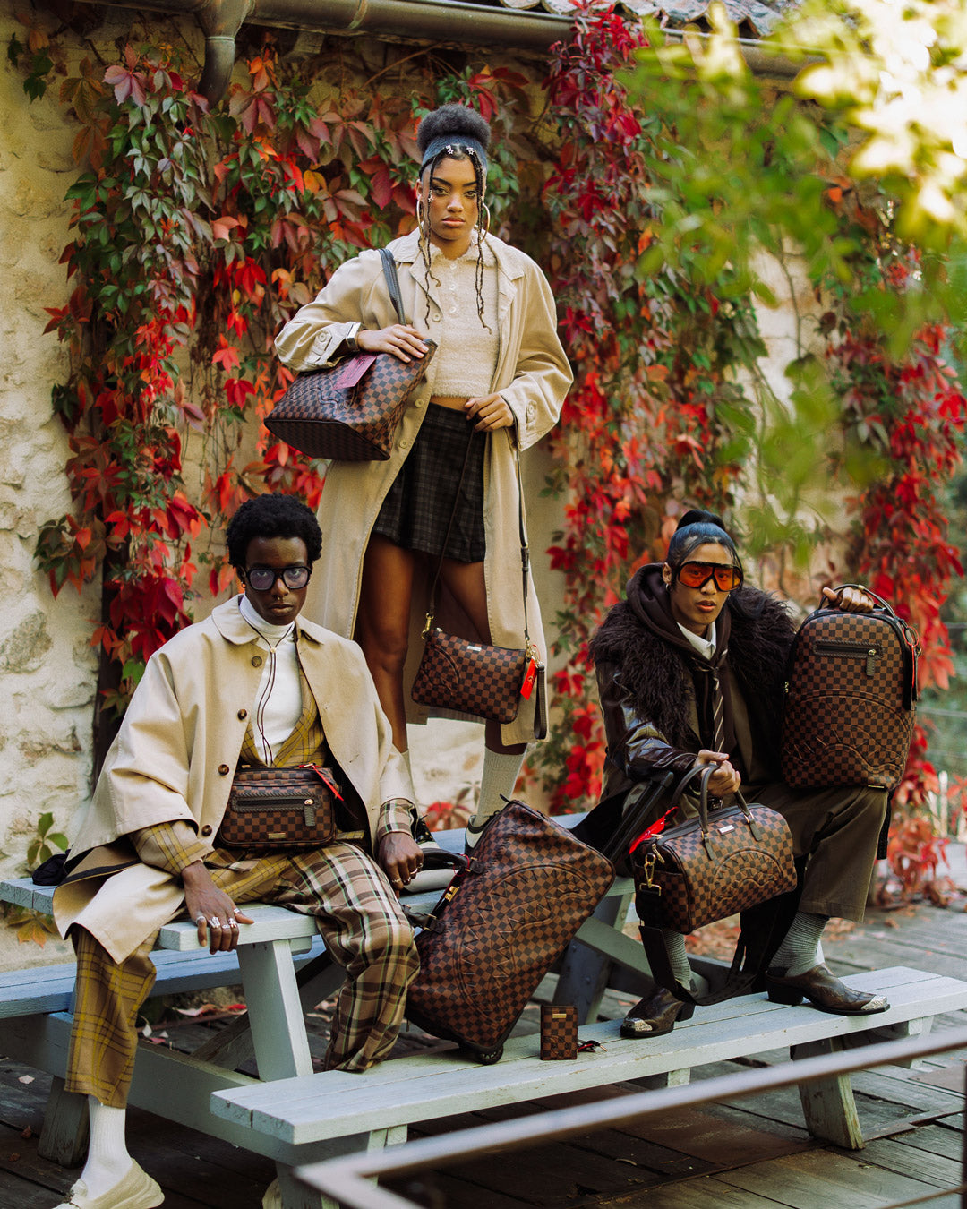 Side view of the Parisian elegance rolling duffle bag on a city street.