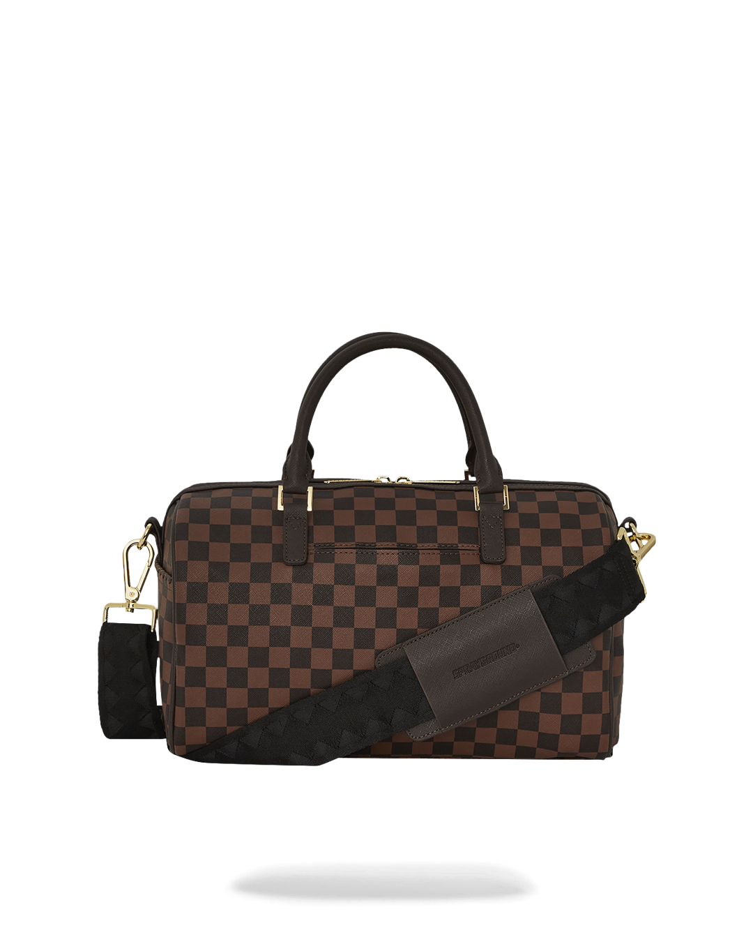 Front view of mini duffle bag purse styled with casual citywear
