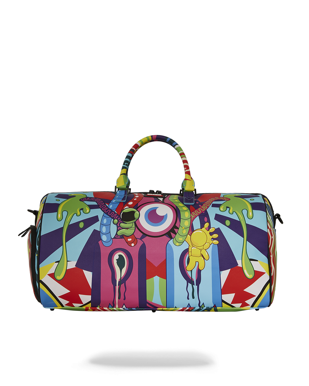 Front view of faux leather bag with gold zippers beside golf clubs