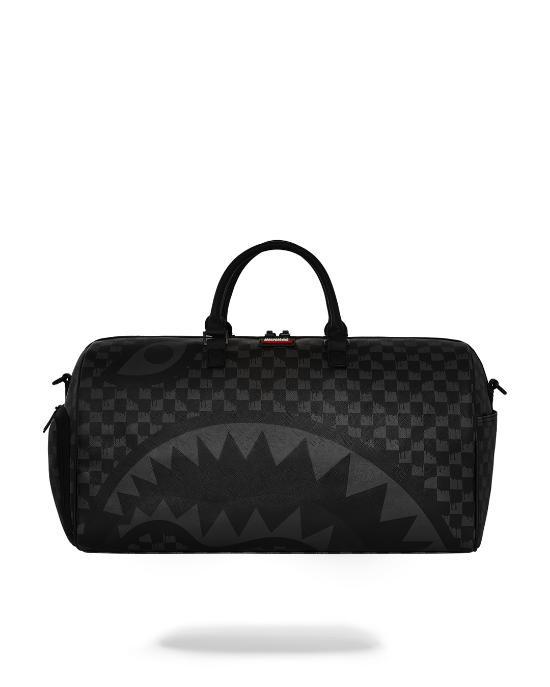 Faux leather rolling duffle bag with gold zippers and metal hardware