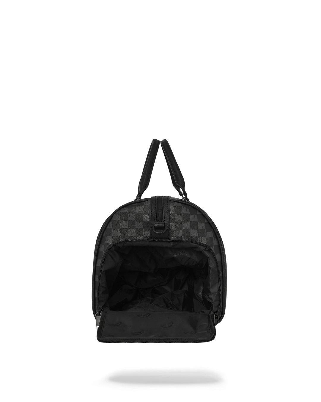 Faux leather rolling duffle bag with gold zippers and metal hardware