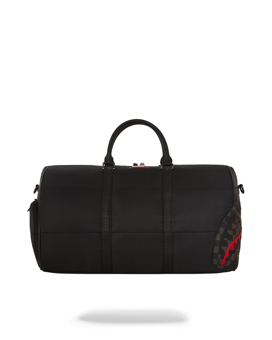 Faux leather puffer duffle bag displayed on a stylish background.