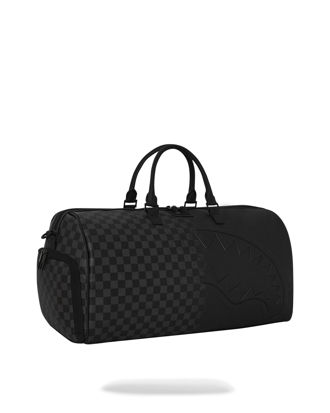 Faux leather duffle bag side view with gold zippers and urban backdrop