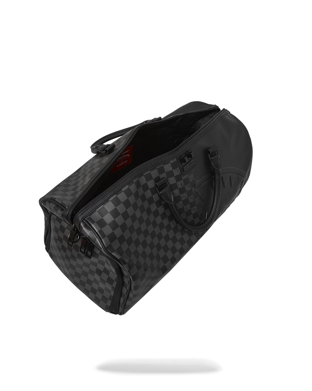 Nightsharks luxury duffle bag open, showcasing interior pockets and sleek design