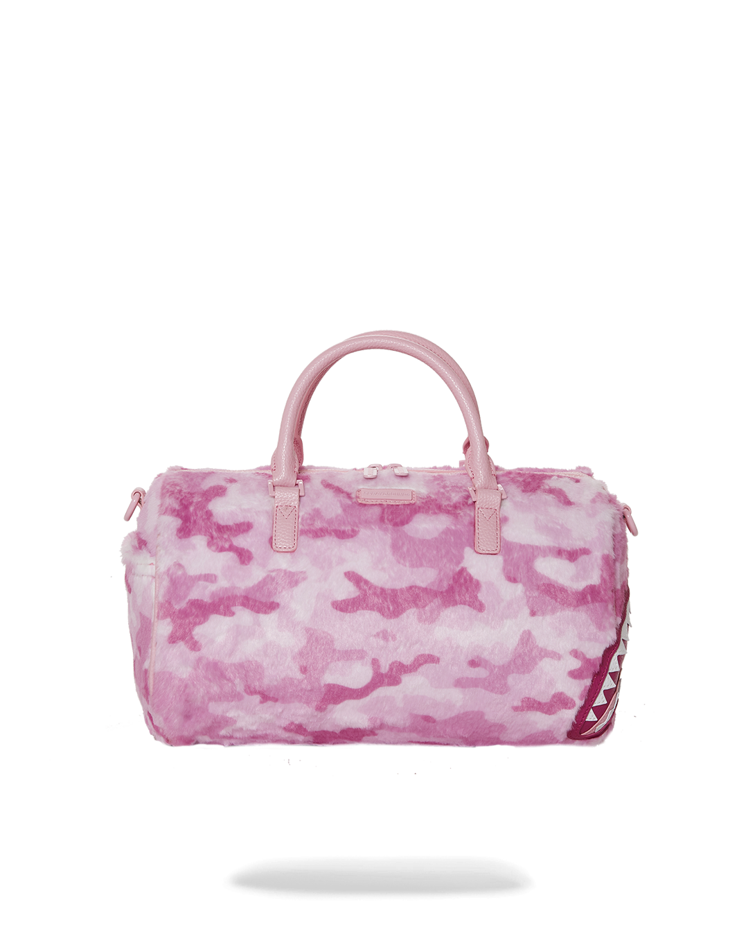 Pink faux leather mini duffle bag with adjustable strap and interior pockets