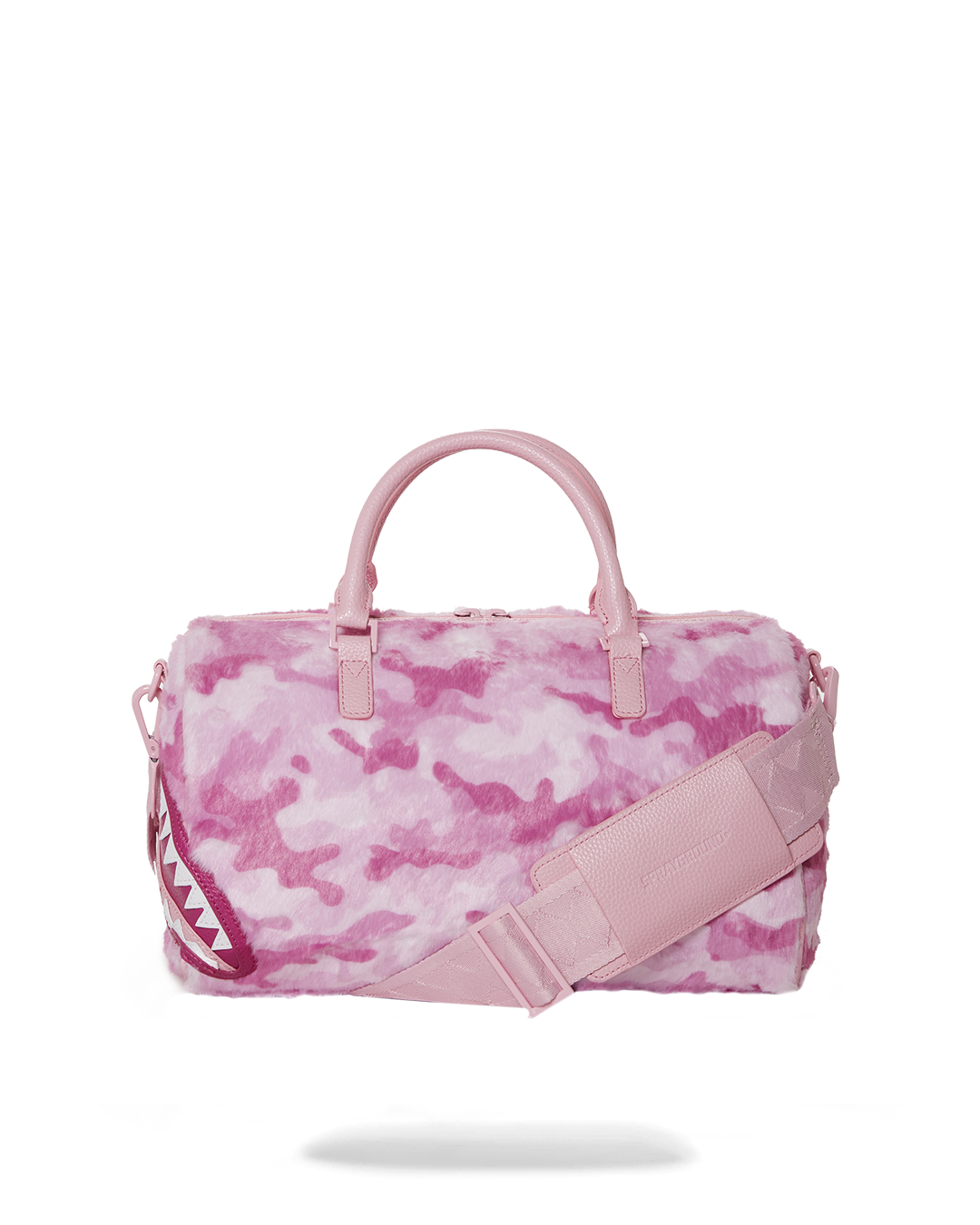 Pink faux leather mini duffle bag with adjustable strap and interior pockets