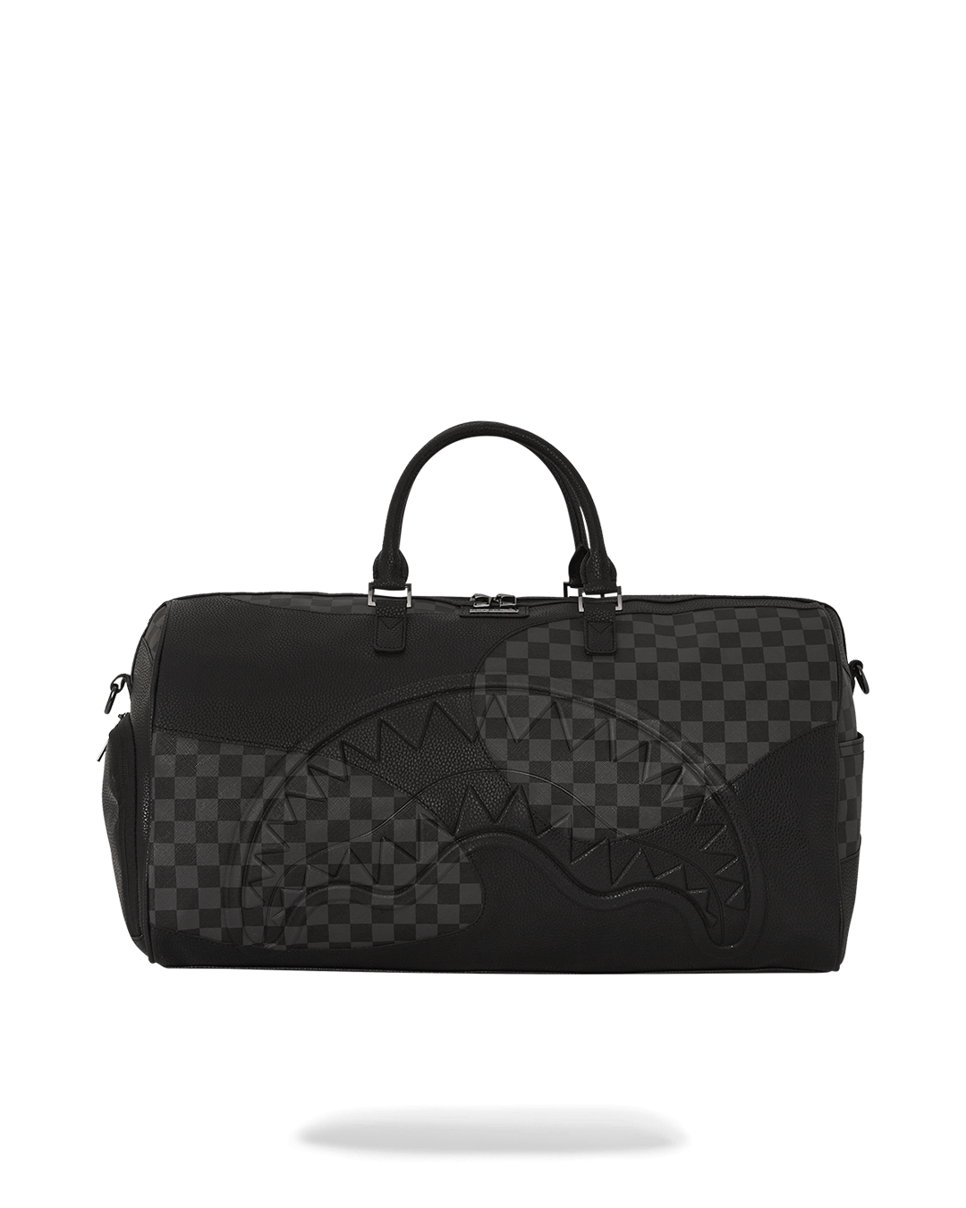 Front view of a luxury duffle bag with gold zippers and faux leather finish