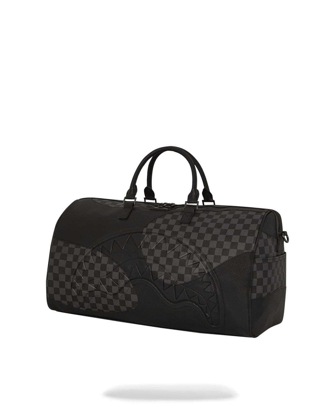 Side profile showing sneaker pocket on mens designer duffle bag