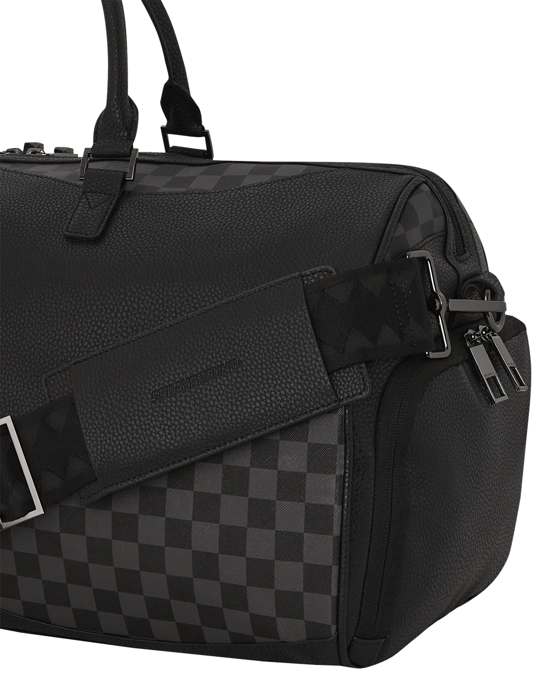 Side profile showing sneaker pocket on mens designer duffle bag