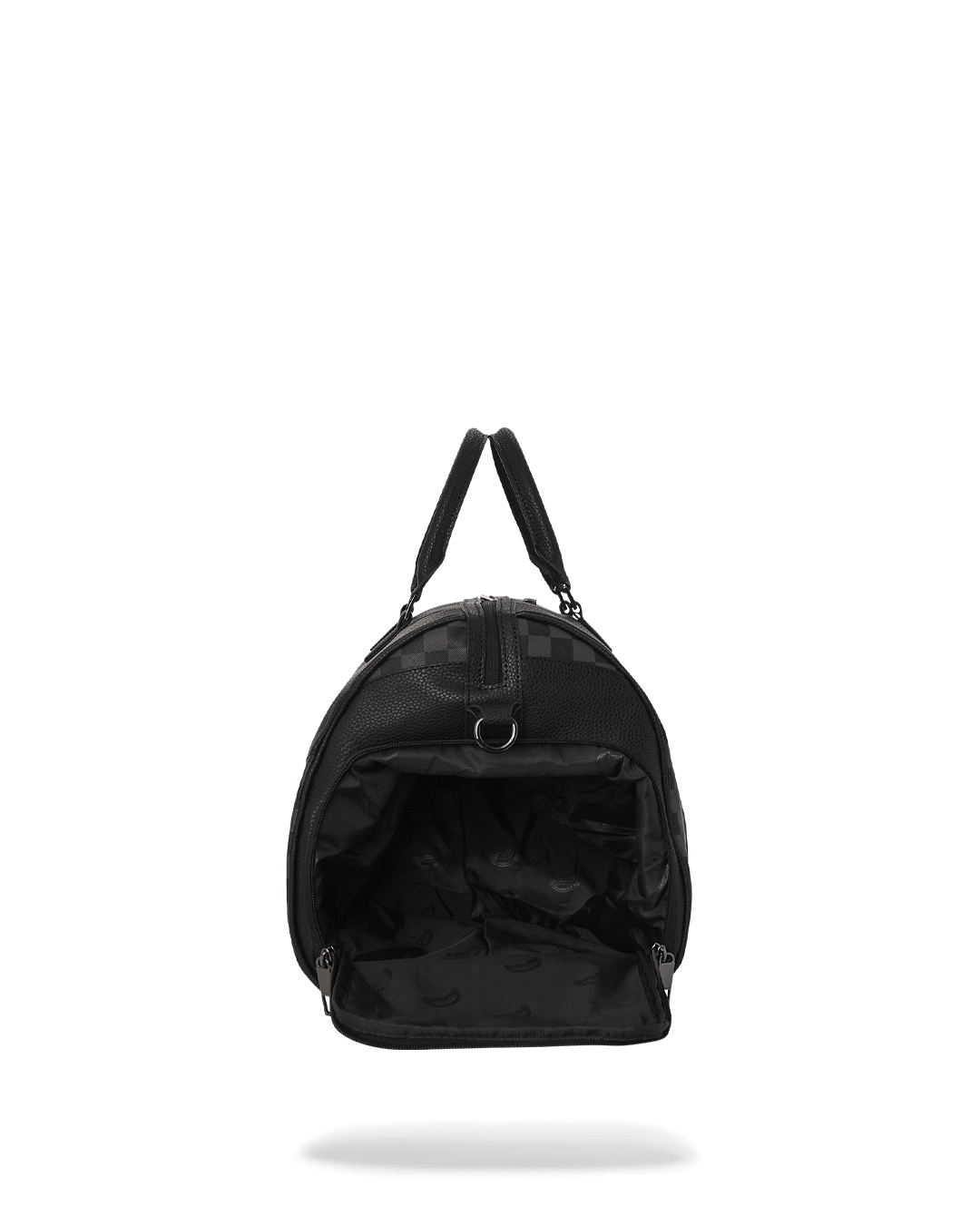 Front view of a luxury duffle bag with gold zippers and faux leather finish