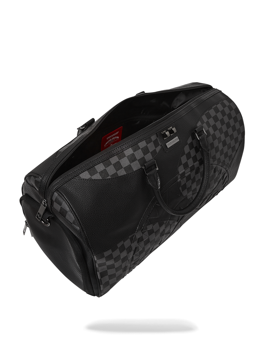 Side profile showing sneaker pocket on mens designer duffle bag