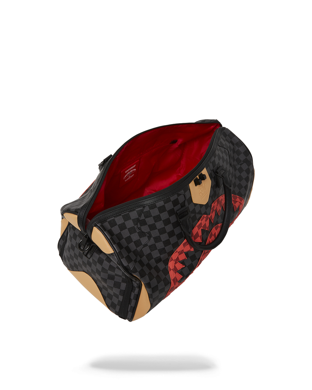 Evil Genius duffle bag shown with open compartments for gym gear.