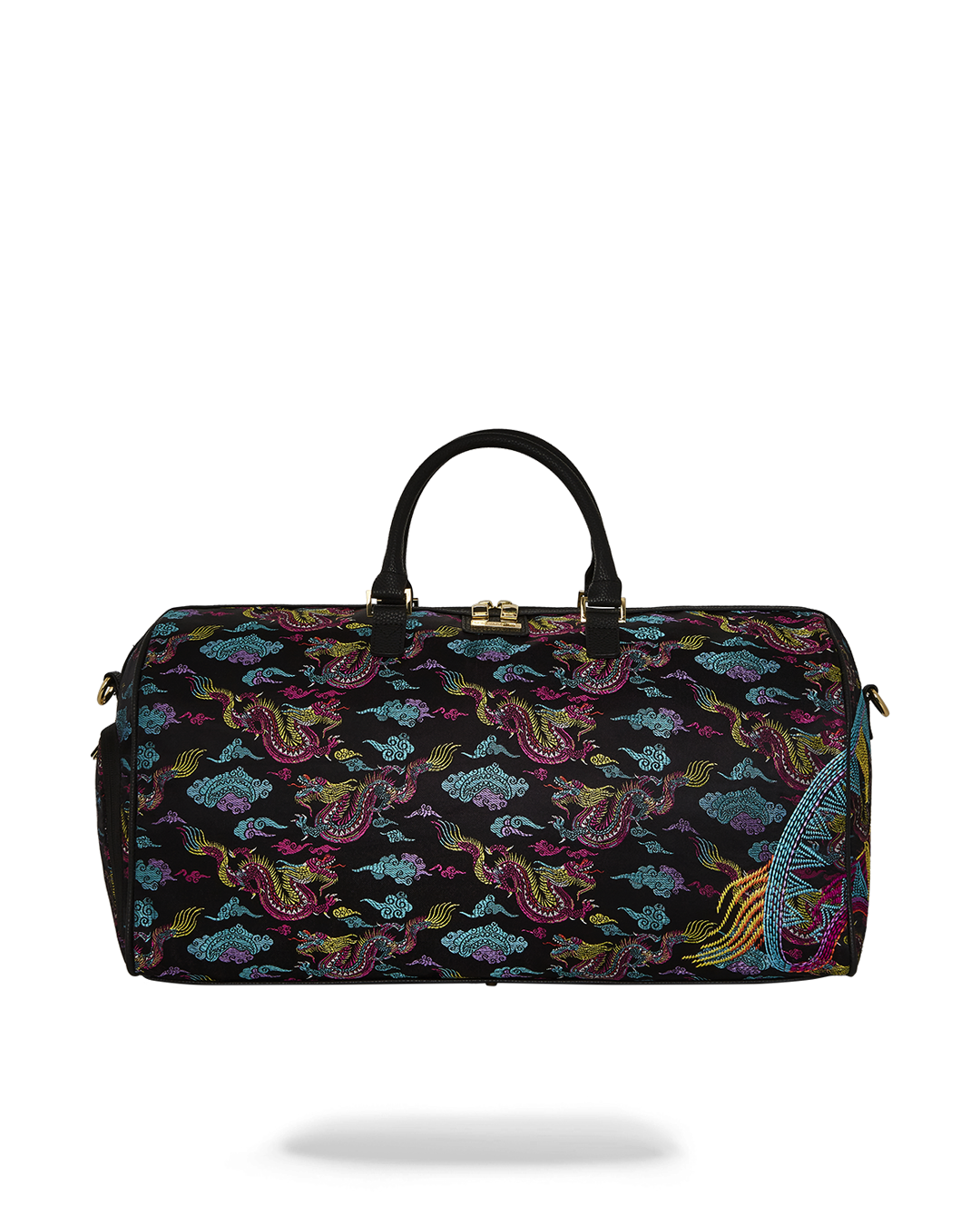 Embroidered dragons travel duffle bag showcasing detailed design.