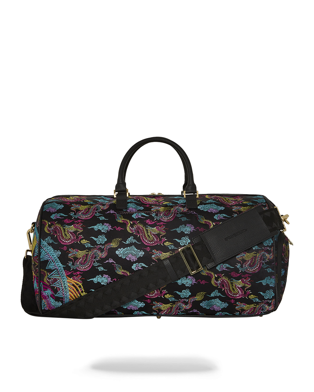 Embroidered dragons travel duffle bag showcasing detailed design.