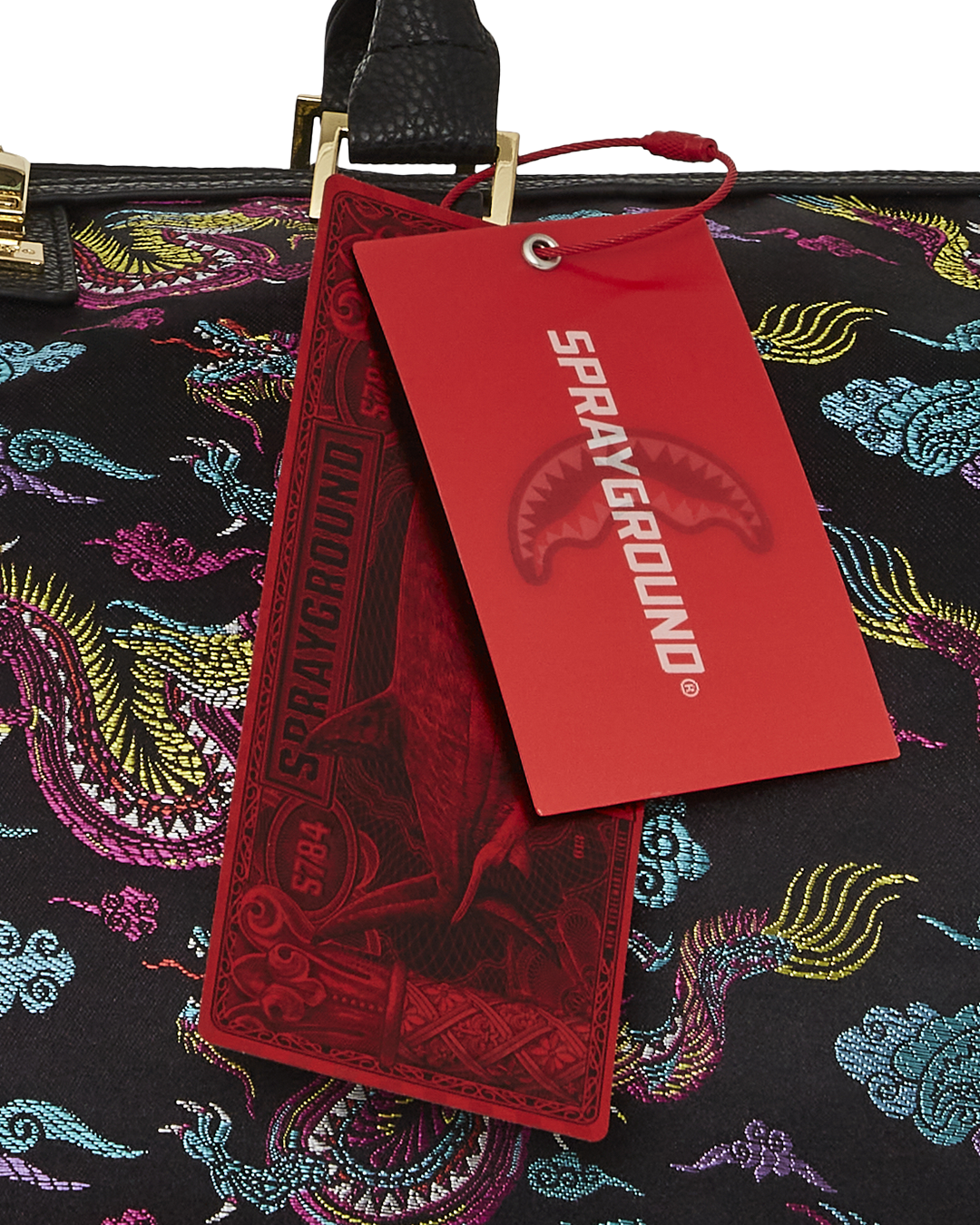 Embroidered dragons travel duffle bag showcasing detailed design.