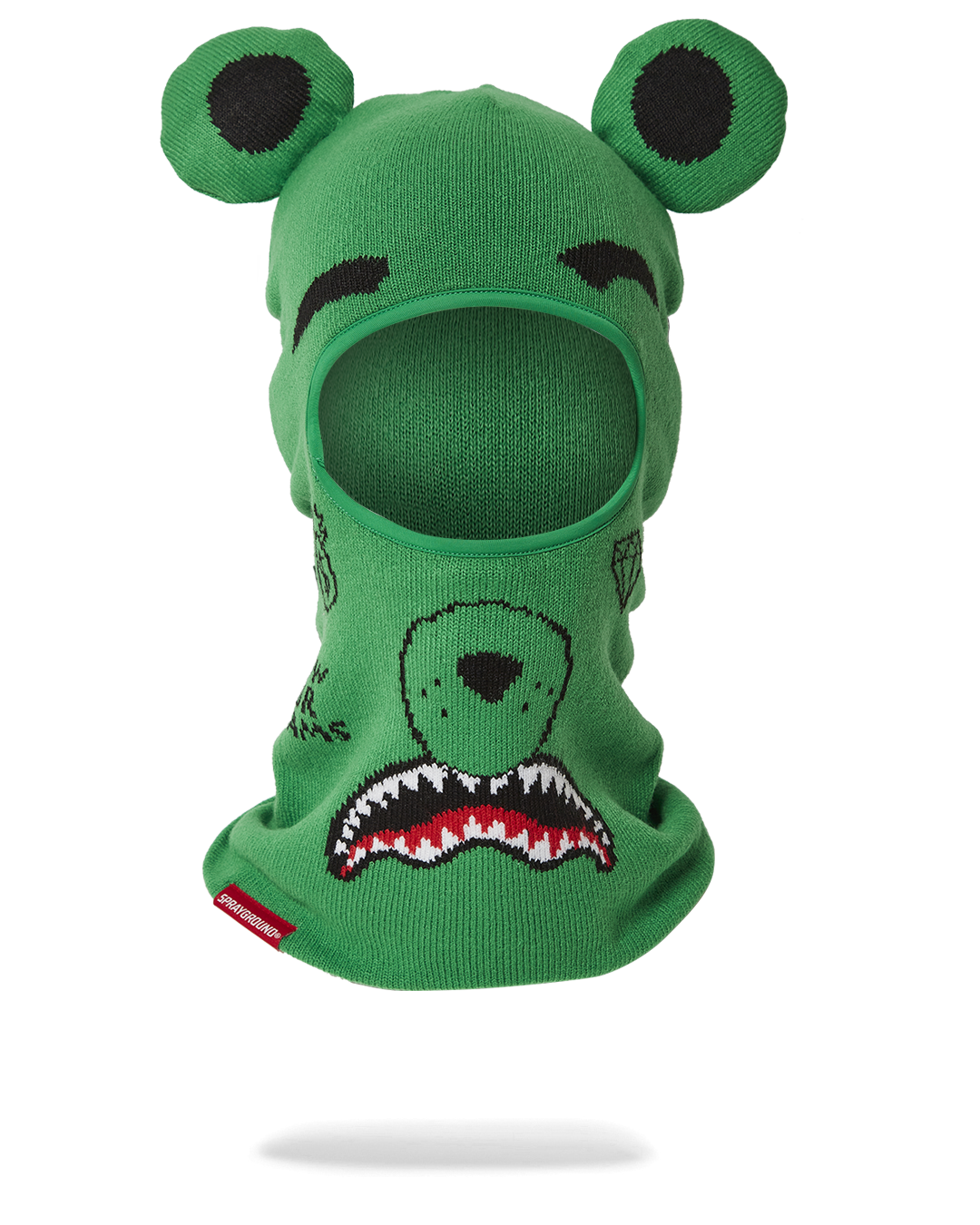 Front view of knitted ski mask styled as a winter face mask, modeled outdoors