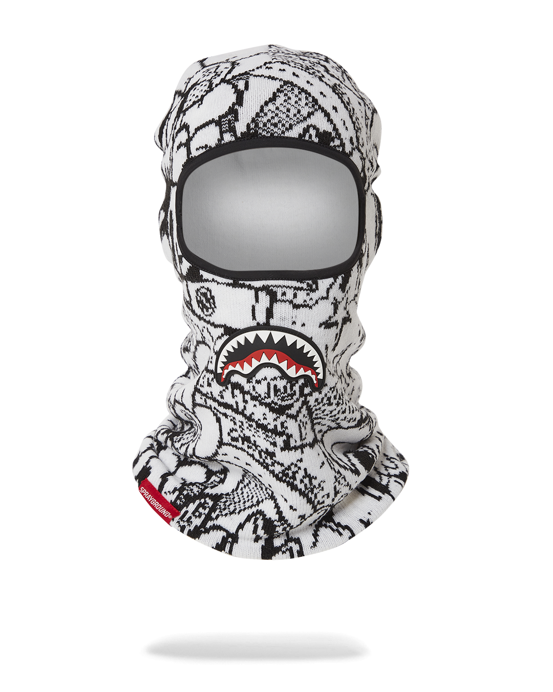 Front view of Doodle Shark ski mask showing playful doodle shark design