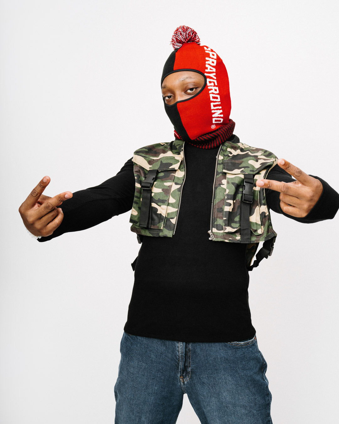 Close-up of the knitted texture of the ski mask highlighting its warmth.