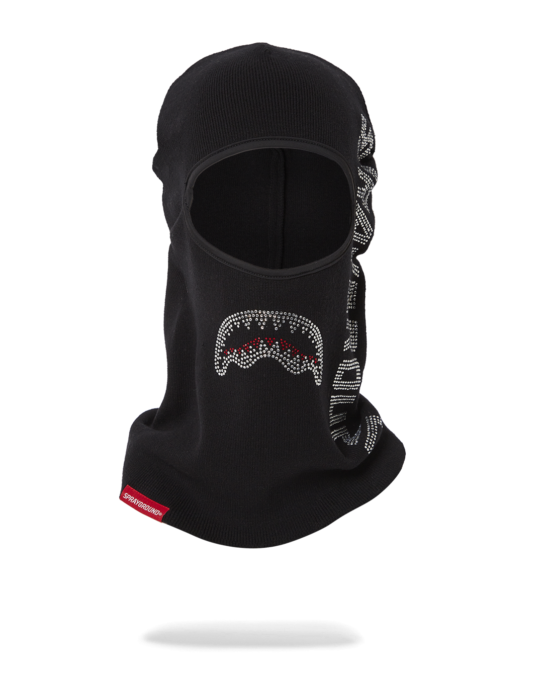 Close-up of ghost face ski mask showing knitted texture