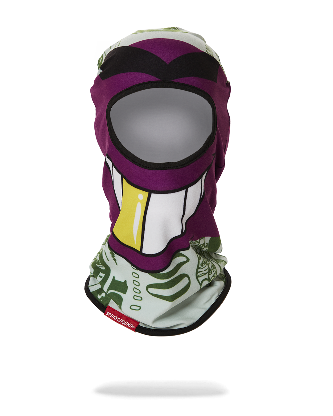Close-up of the purple ski mask highlighting its knitted texture