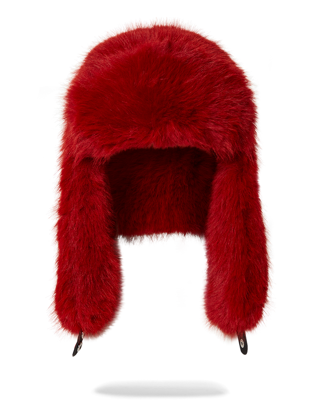 Front view of the red aviator hat showcasing its faux fur lining.