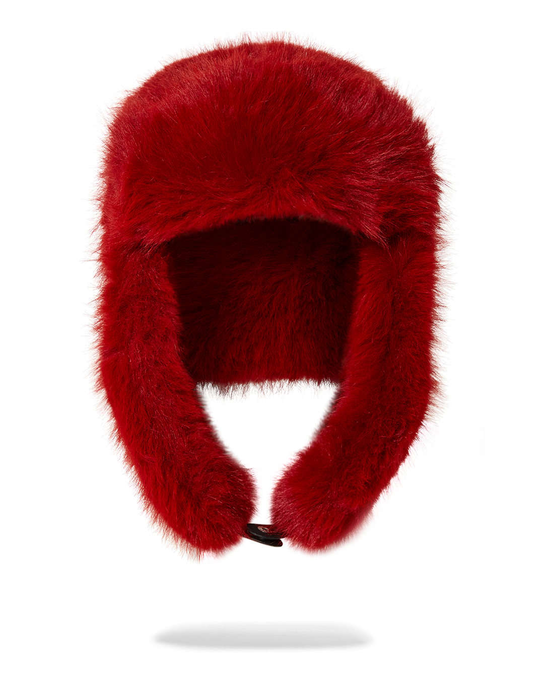 Front view of the red aviator hat showcasing its faux fur lining.